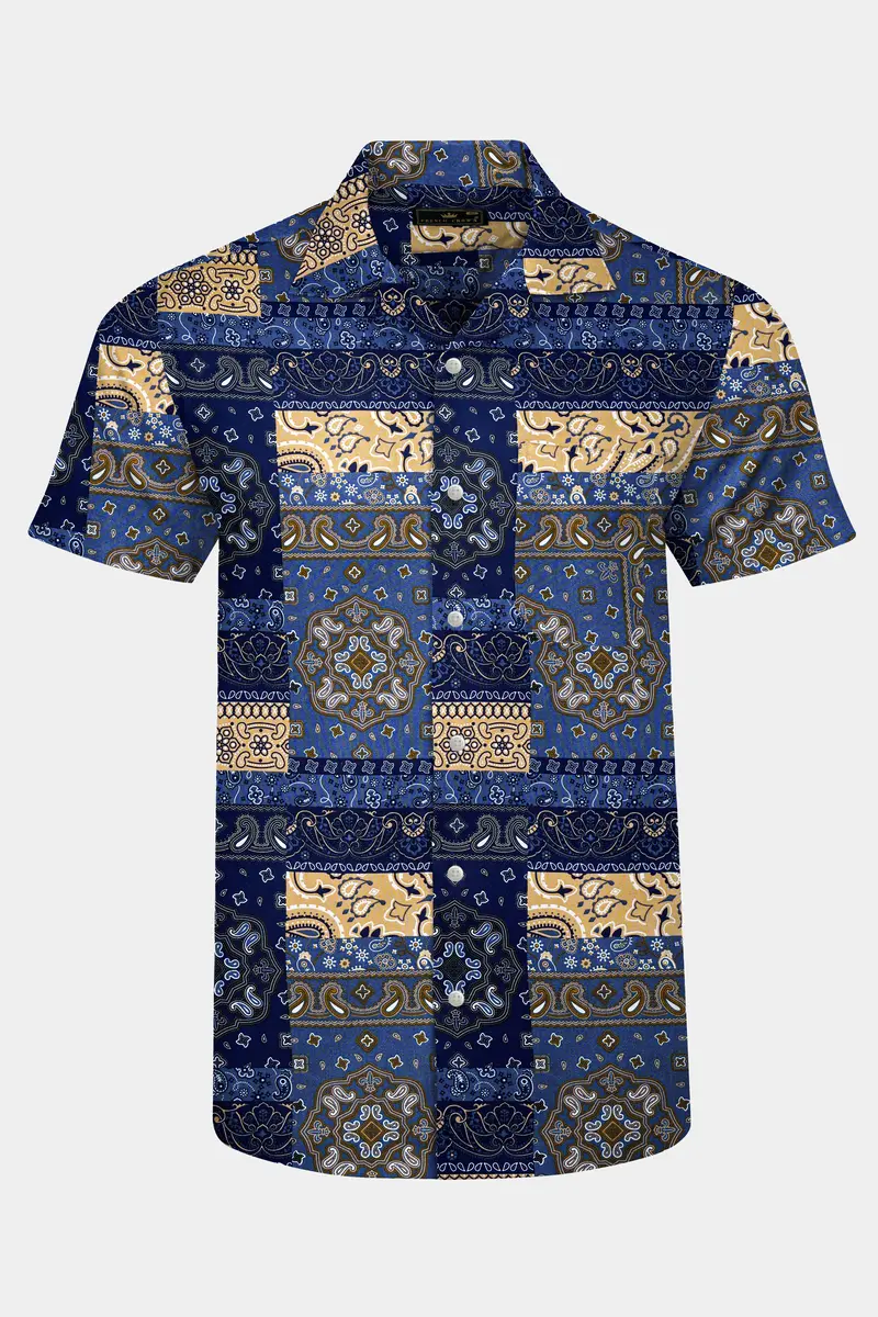Azurune-Yale Blue And Sand Dune Brown Tiled Paisley Printed Super Soft Tencel Casual Shirts 2