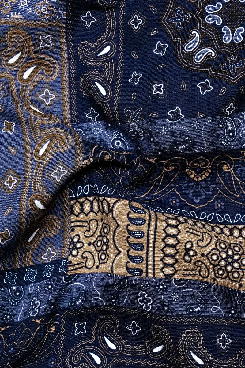 Azurune-Yale Blue And Sand Dune Brown Tiled Paisley Printed Super Soft Tencel Casual Shirts 3