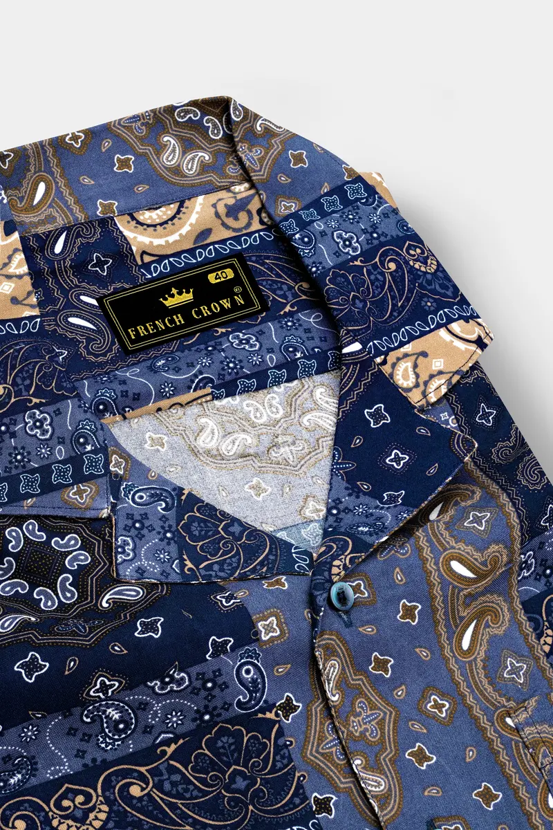 Azurune-Yale Blue And Sand Dune Brown Tiled Paisley Printed Super Soft Tencel Casual Shirts 4