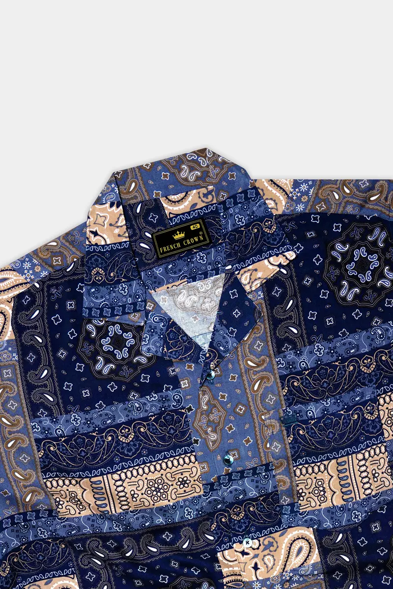 Azurune-Yale Blue And Sand Dune Brown Tiled Paisley Printed Super Soft Tencel Casual Shirts 5