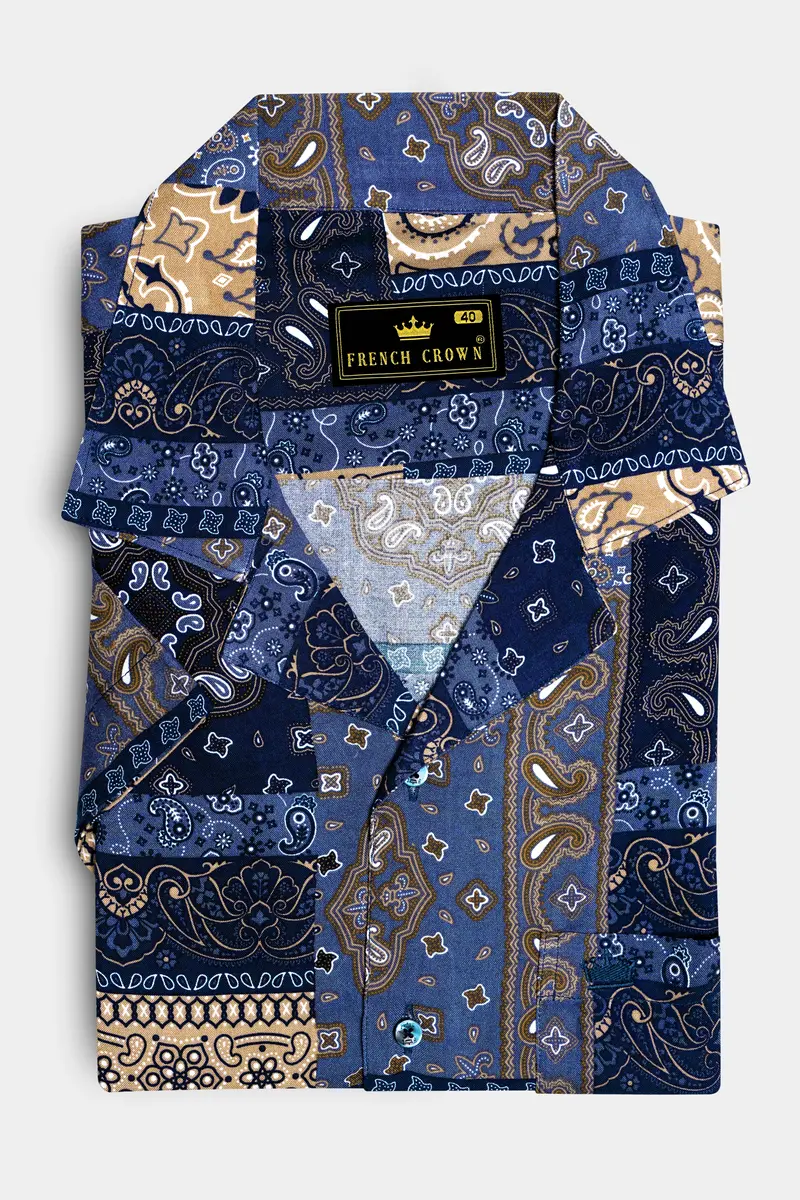 Azurune-Yale Blue And Sand Dune Brown Tiled Paisley Printed Super Soft Tencel Casual Shirts 6