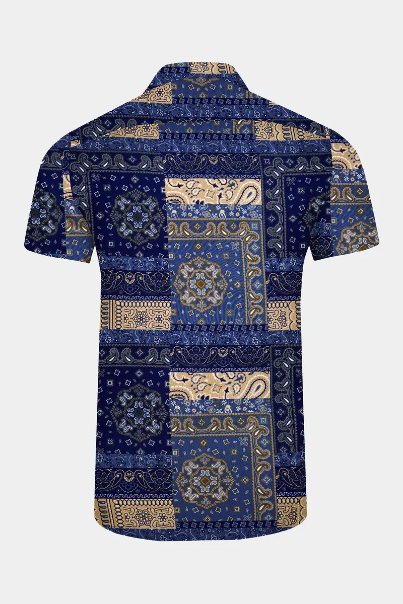 Azurune-Yale Blue And Sand Dune Brown Tiled Paisley Printed Super Soft Tencel Casual Shirts 7