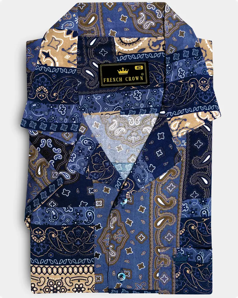 Azurune-Yale Blue And Sand Dune Brown Tiled Paisley Printed Super Soft Tencel Casual Shirts 8