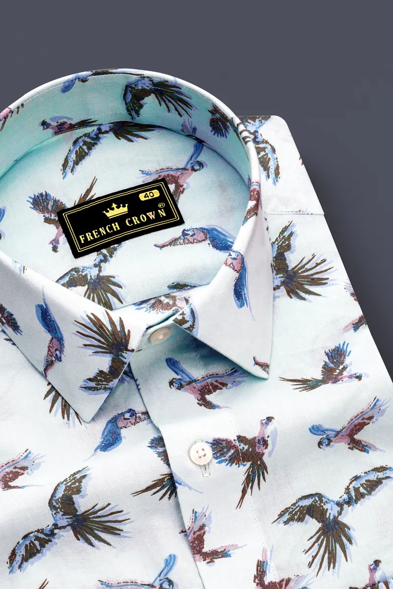 Azziora-Glaucous Blue Parrot Printed Super Soft Premium Giza Cotton Casual Shirt 2