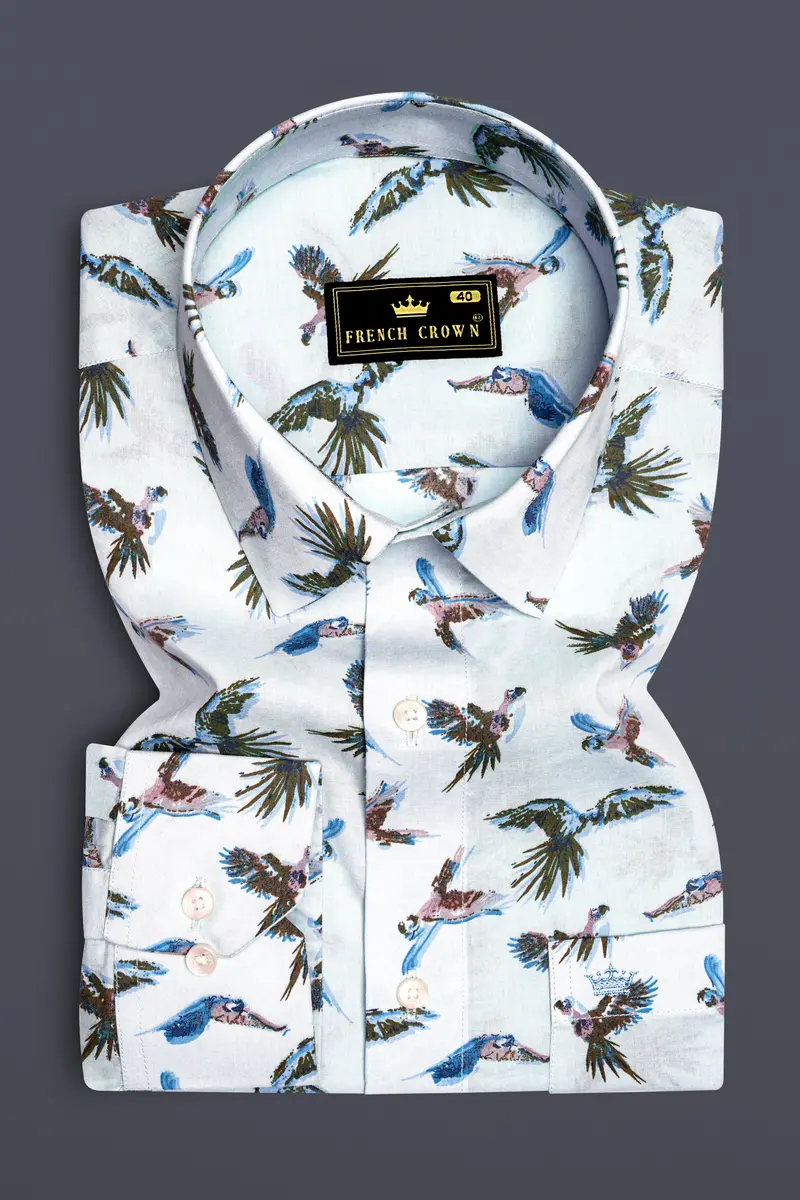 Azziora-Glaucous Blue Parrot Printed Super Soft Premium Giza Cotton Casual Shirt 4