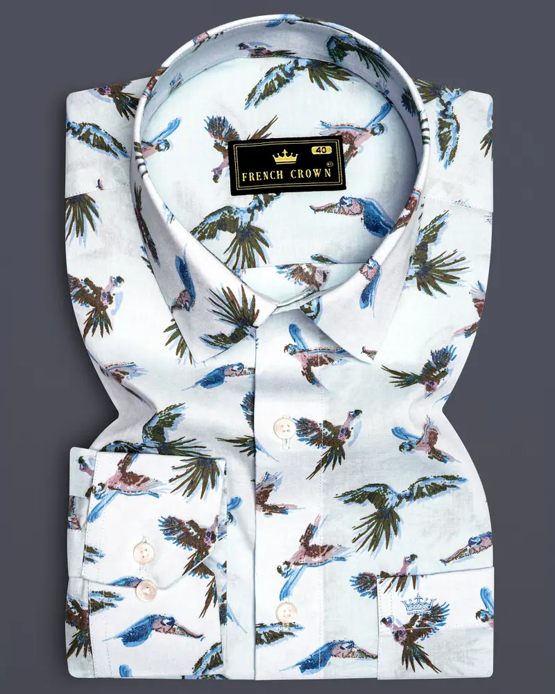 Azziora-Glaucous Blue Parrot Printed Super Soft Premium Giza Cotton Casual Shirt 6