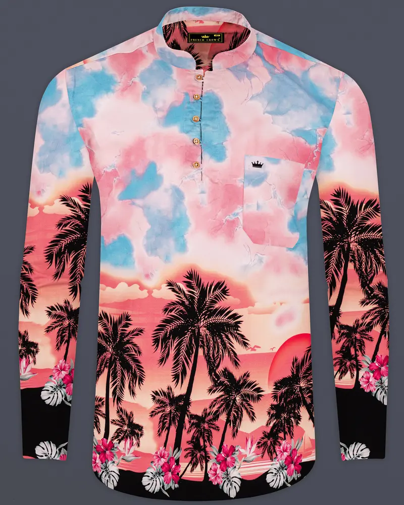 Azzoria-Turkish Pink And Carolina Blue Tropical Sunset Printed Premium Cotton Casual Kurta Shirt 1