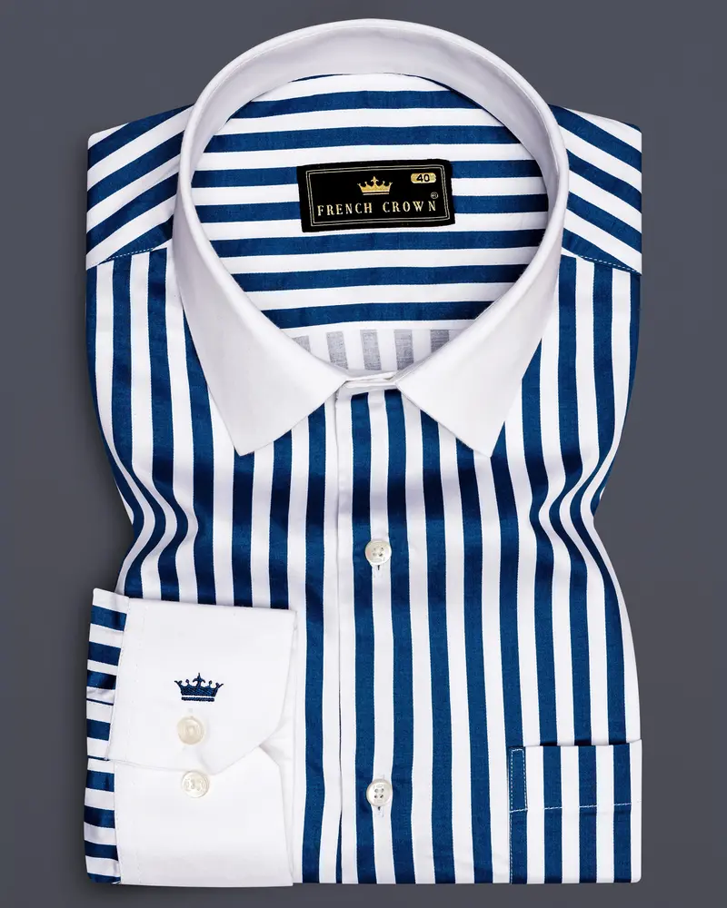 Azzorio-Catalina Blue And Bright White Candy Striped Subtle Sheen Super Soft Premium Cotton Cuff Collar Dress Shirt 1