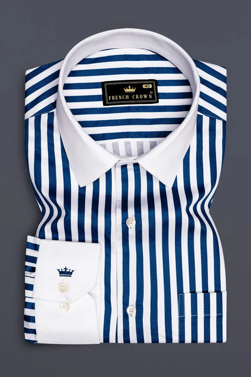 Azzorio-Catalina Blue And Bright White Candy Striped Subtle Sheen Super Soft Premium Cotton Cuff Collar Dress Shirt 2