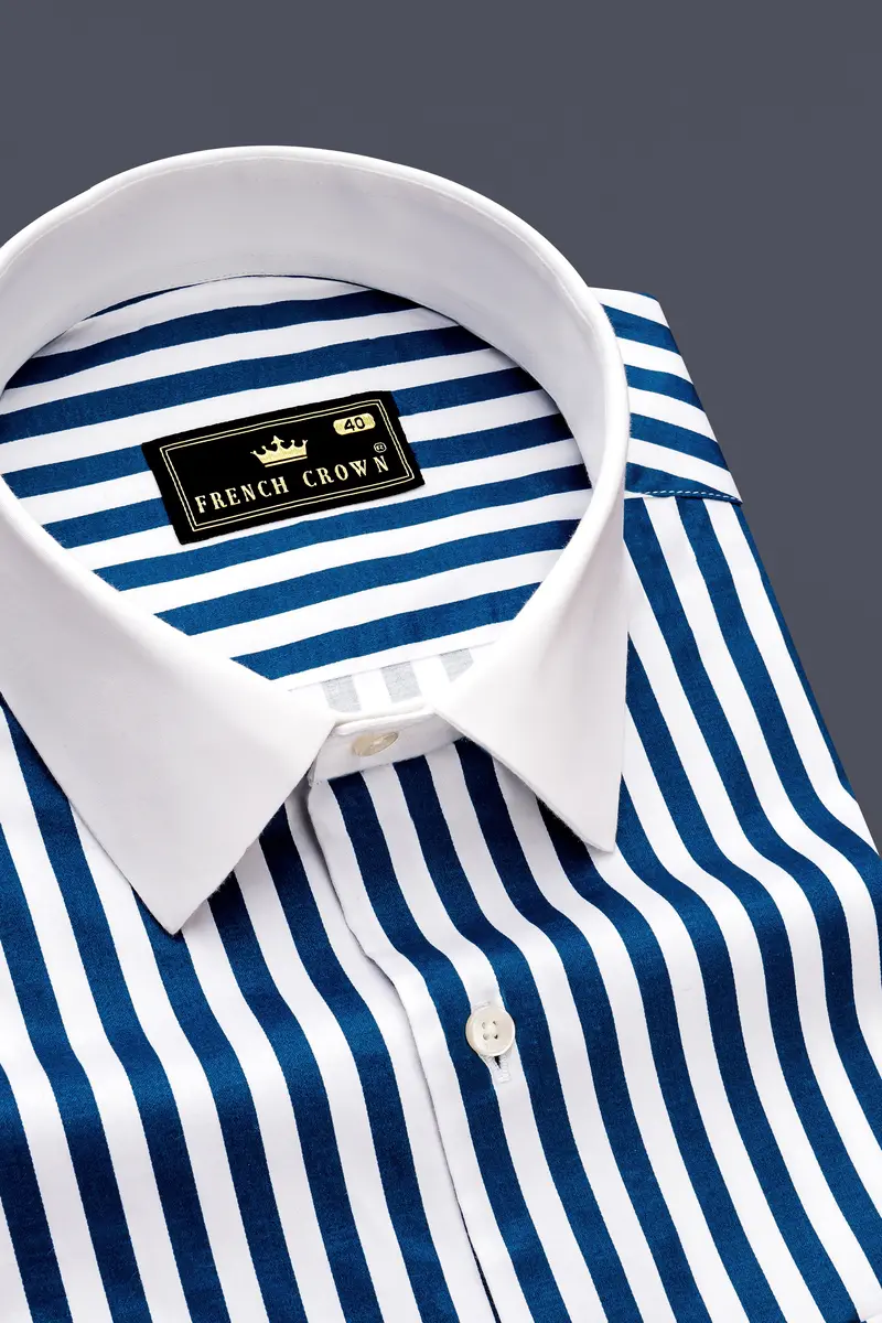 Azzorio-Catalina Blue And Bright White Candy Striped Subtle Sheen Super Soft Premium Cotton Cuff Collar Dress Shirt 4