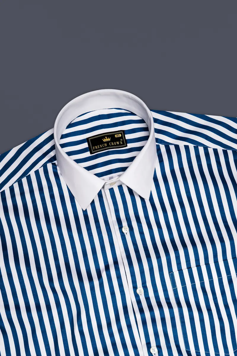 Azzorio-Catalina Blue And Bright White Candy Striped Subtle Sheen Super Soft Premium Cotton Cuff Collar Dress Shirt 5
