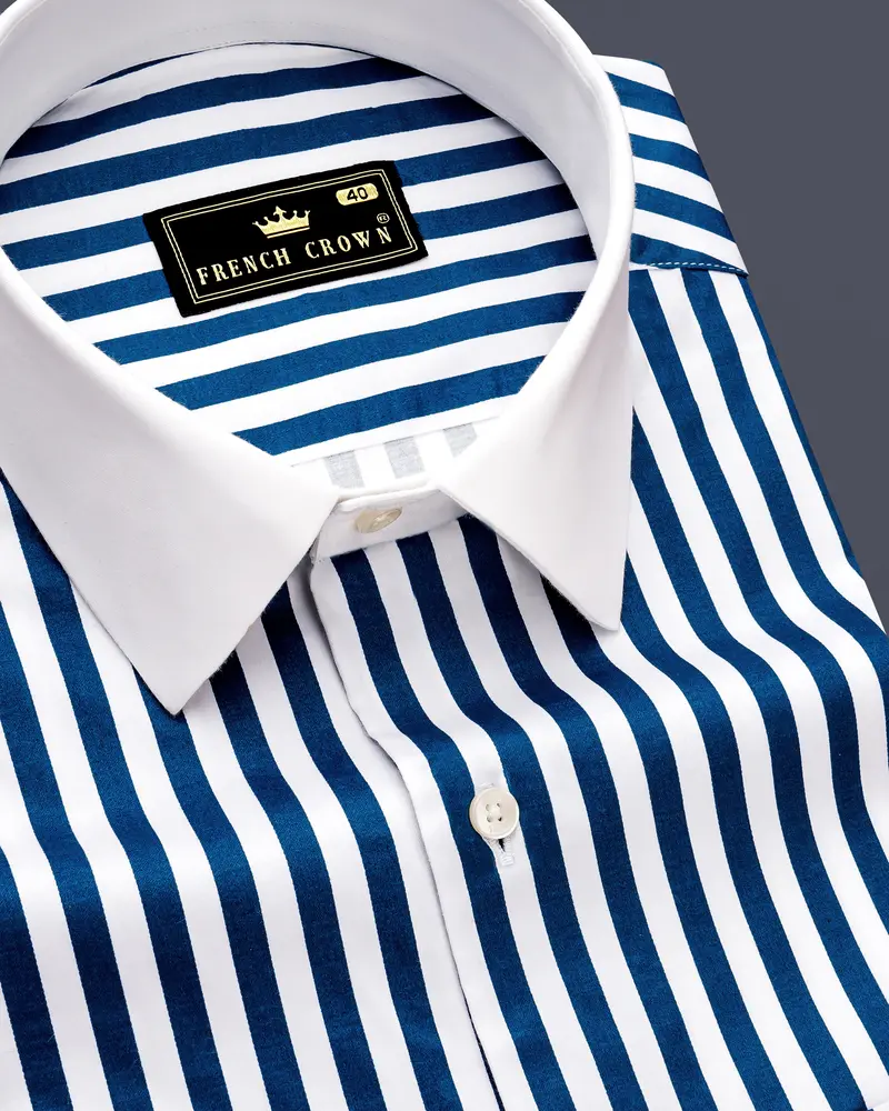 Azzorio-Catalina Blue And Bright White Candy Striped Subtle Sheen Super Soft Premium Cotton Cuff Collar Dress Shirt 6