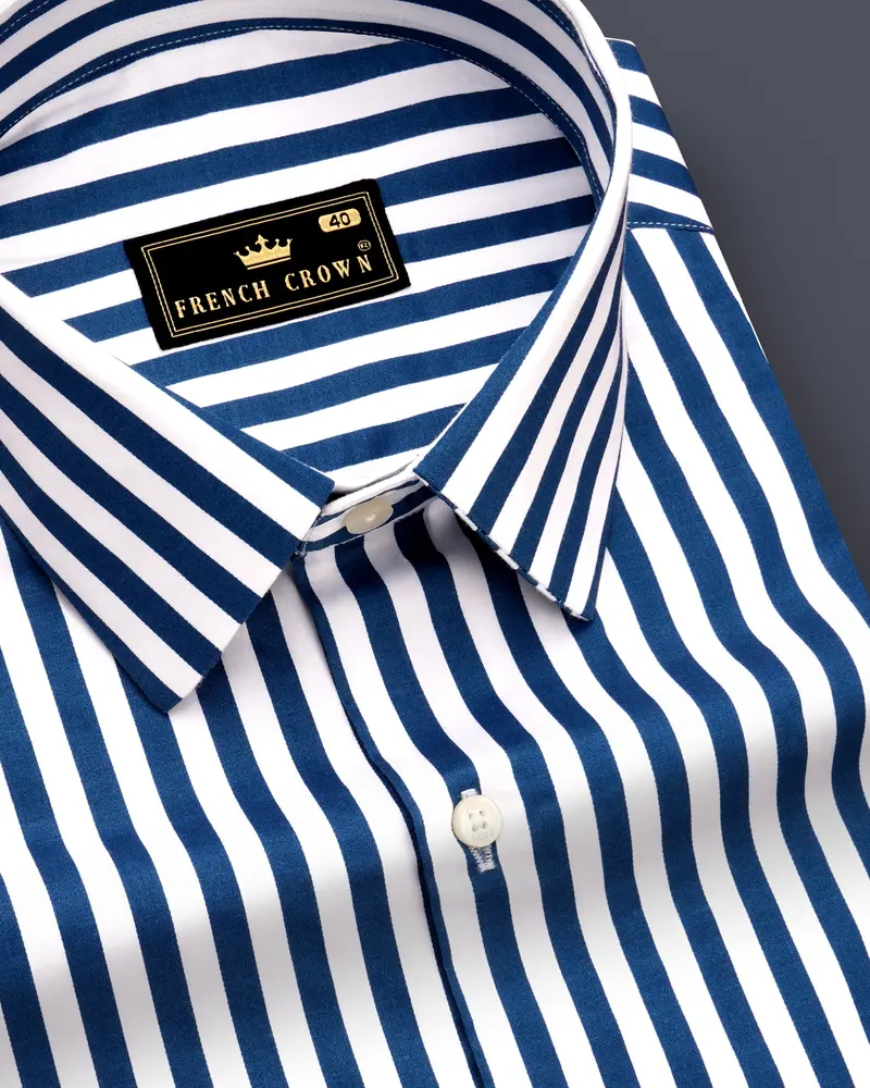 Azzorio-Catalina Blue And Bright White Candy Striped Subtle Sheen Super Soft Premium Cotton Dress Shirt 1