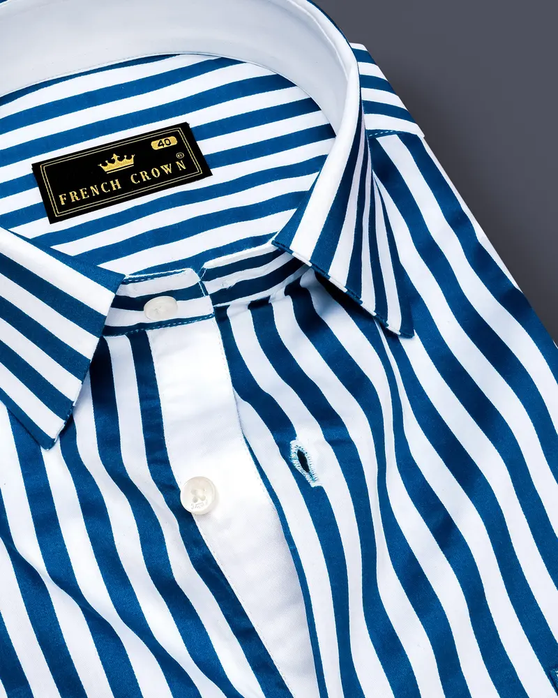 Azzorio-Catalina Blue And Bright White Candy Striped Subtle Sheen Super Soft Premium Cotton Dress Shirt 1