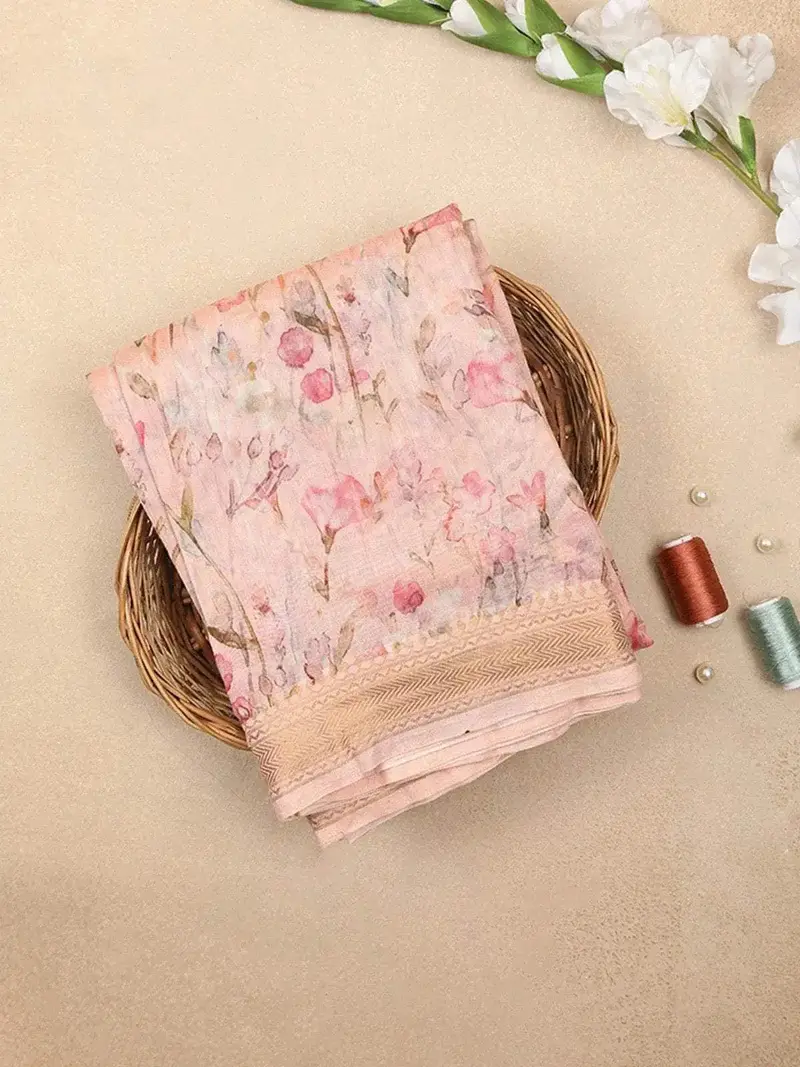 Baby Pink Chanderi Silk Saree With Flower And Leaf Design On The Body With Designed Border 1