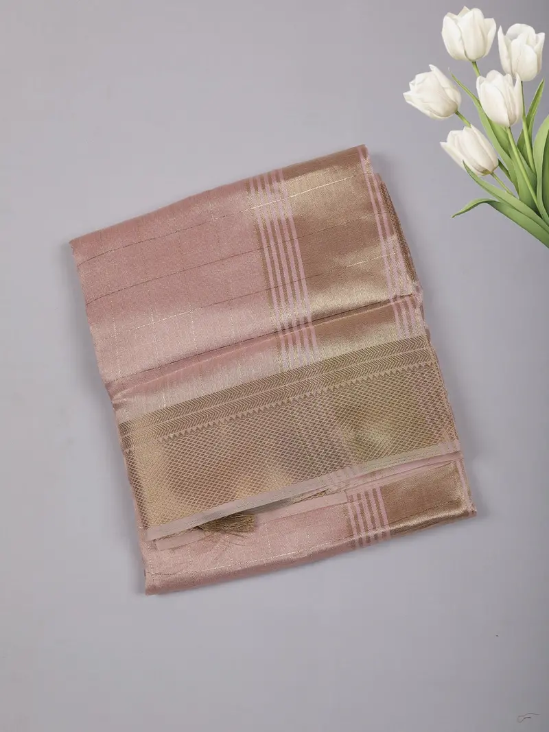Baby Pink Checked Woven Tissue Saree With Golden Zari Border 1