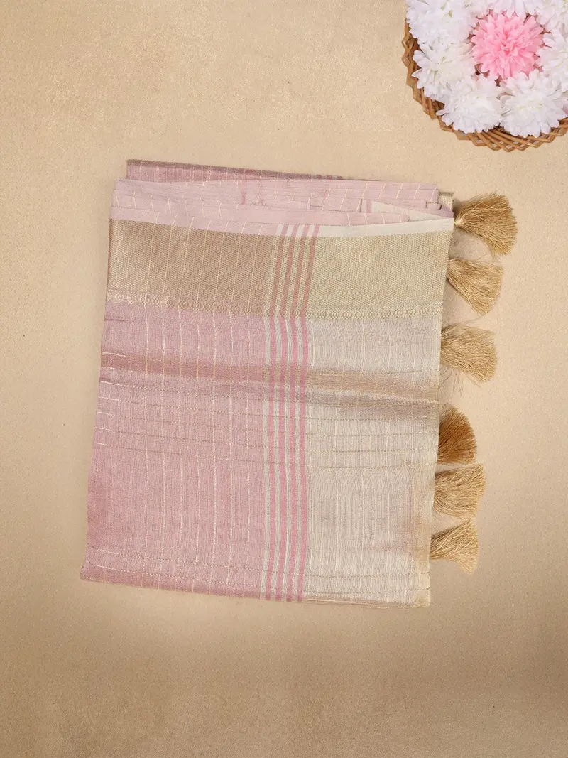 Baby Pink Checked Woven Tissue Saree With Zari Border 1