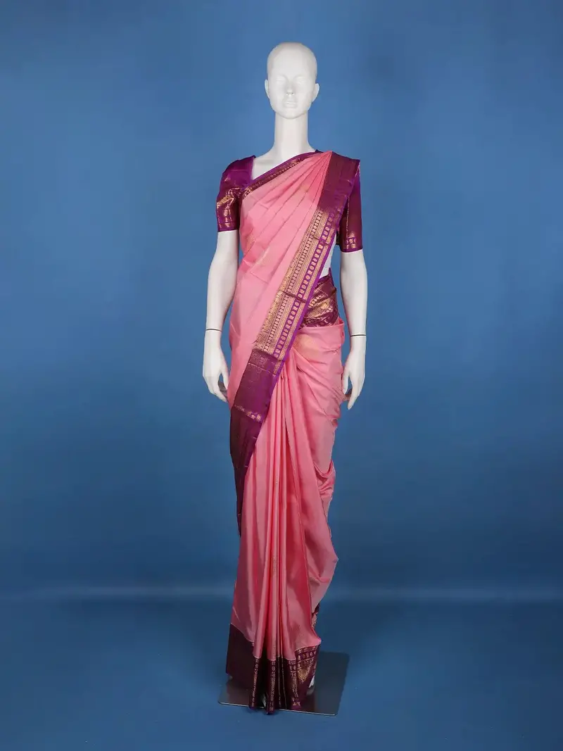 Baby Pink Floral Design Zari Border Silk Saree 1