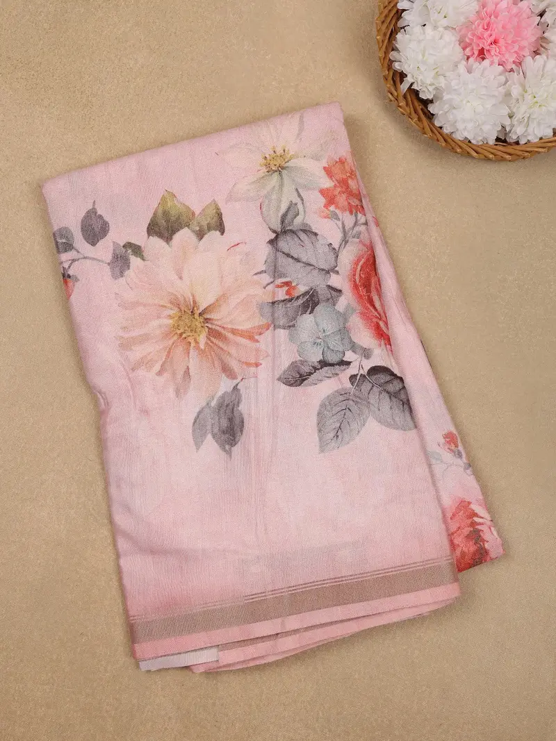 Baby Pink Floral Designed Cotton Saree 1