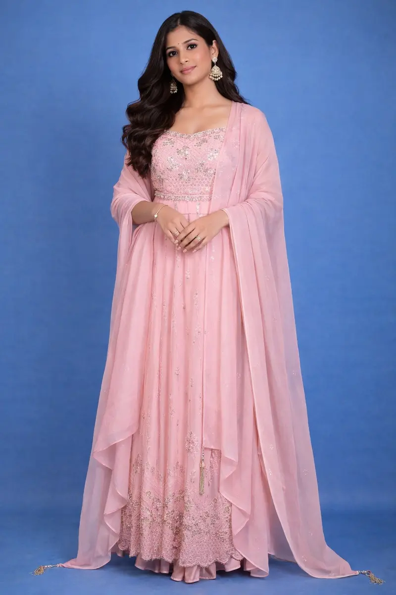 Baby Pink Floral Designed Georgette Palazzo Suit 1