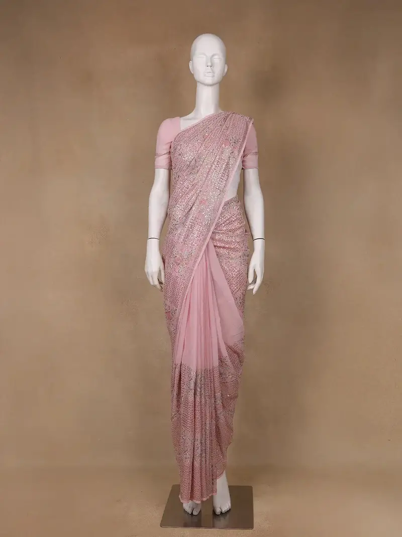 Baby Pink Floral Designed Organza Designer Saree 1