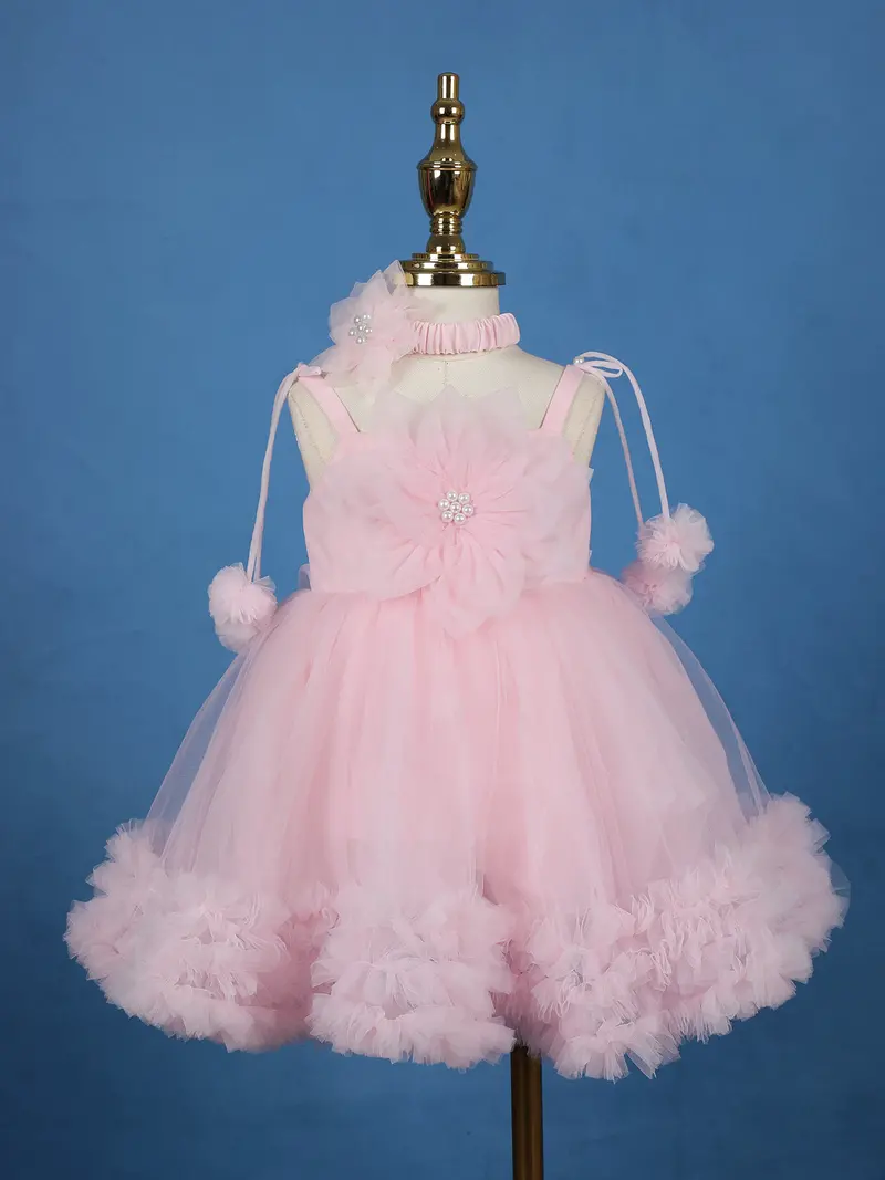 Baby Pink Floral Embellishment Design Net Frock 1