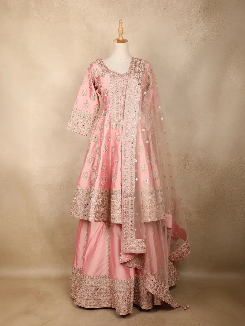 Baby Pink Floral Embroidered Banarasi Silk Lehenga With Dupatta 1