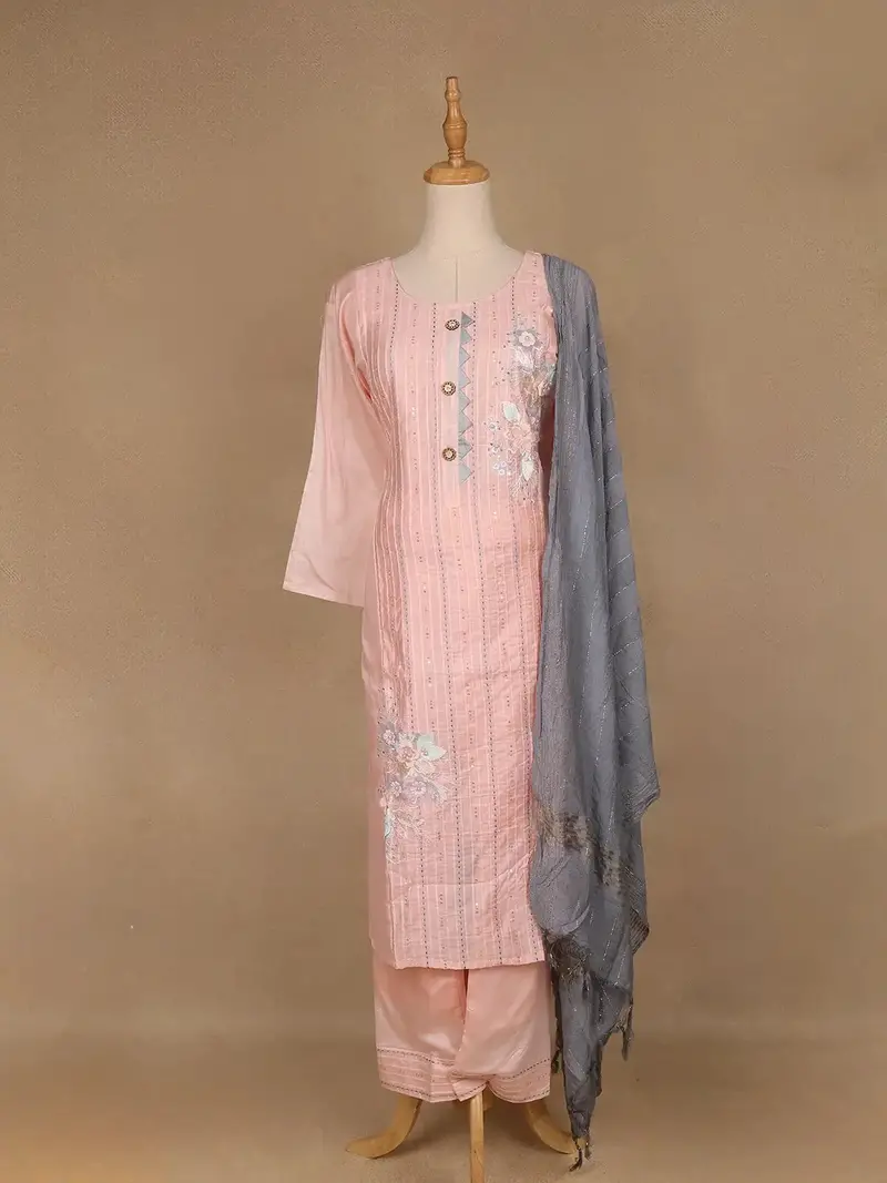 Baby Pink Floral Embroidered Cotton Salwar Suit 1
