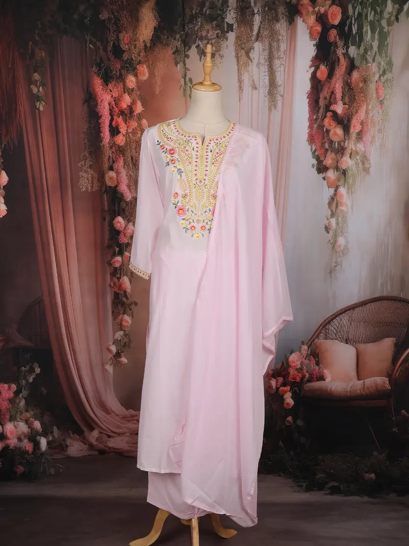 Baby Pink Floral Embroidered Cotton Salwar Suit With Dupatta 1