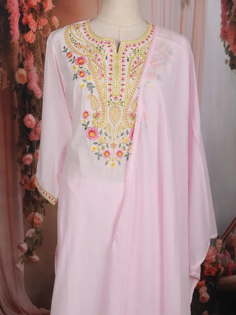 Baby Pink Floral Embroidered Cotton Salwar Suit With Dupatta 2
