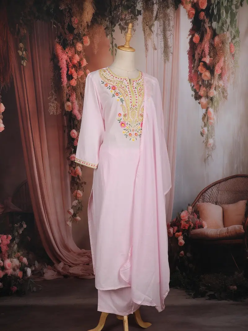 Baby Pink Floral Embroidered Cotton Salwar Suit With Dupatta 3