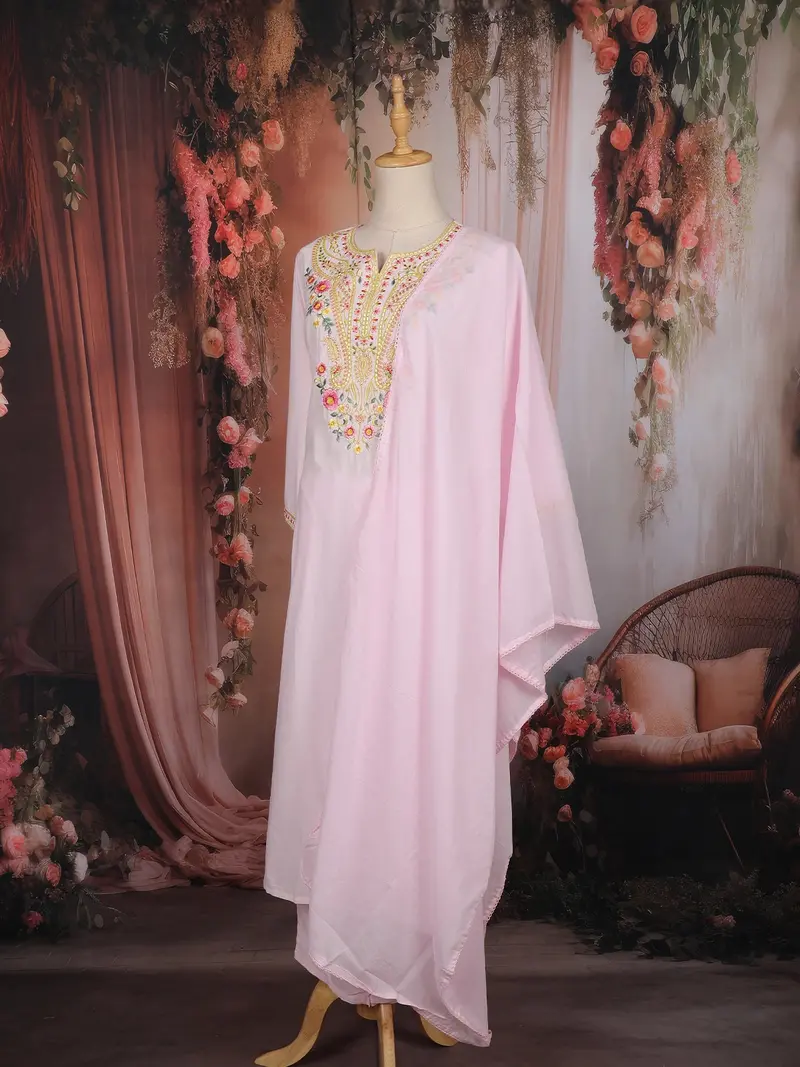 Baby Pink Floral Embroidered Cotton Salwar Suit With Dupatta 4