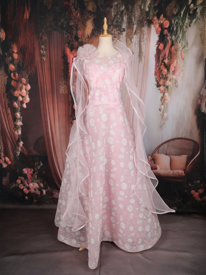 Baby Pink Floral Embroidered Design Net Gown With Ruffle Dupatta 1