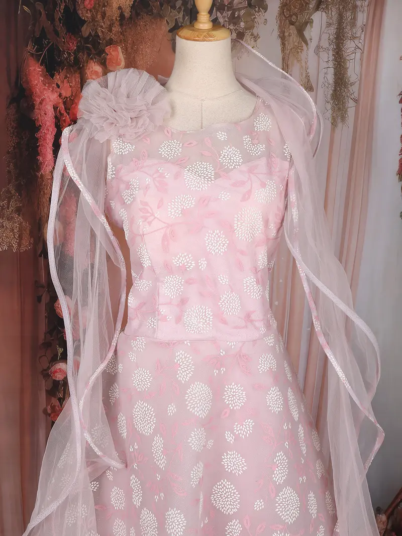 Baby Pink Floral Embroidered Design Net Gown With Ruffle Dupatta 2