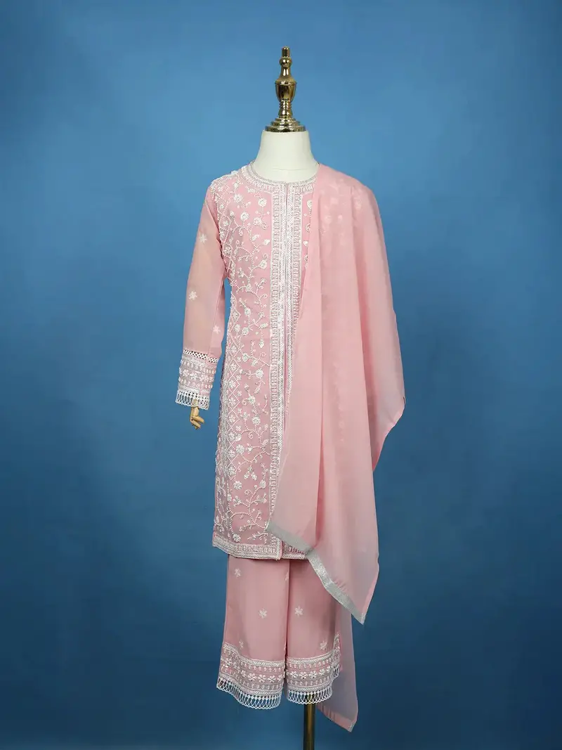 Baby Pink Floral Embroidered Georgette Kids Palazzo Suit 1
