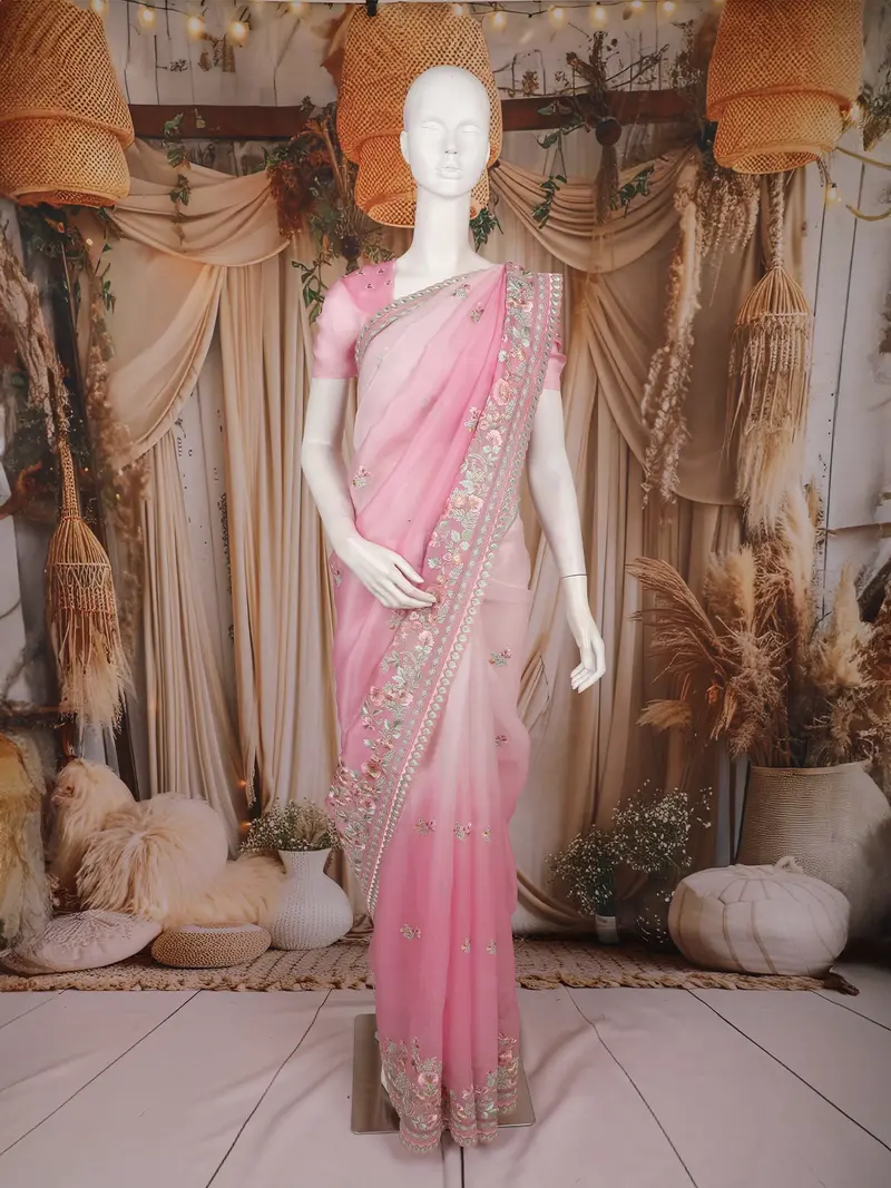 Baby Pink Floral Embroidered Organza Saree With Scallop Border 1