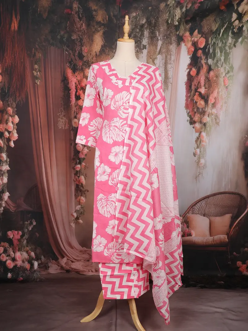Baby Pink Floral Printed Cotton Salwar Suit With Dupatta 1