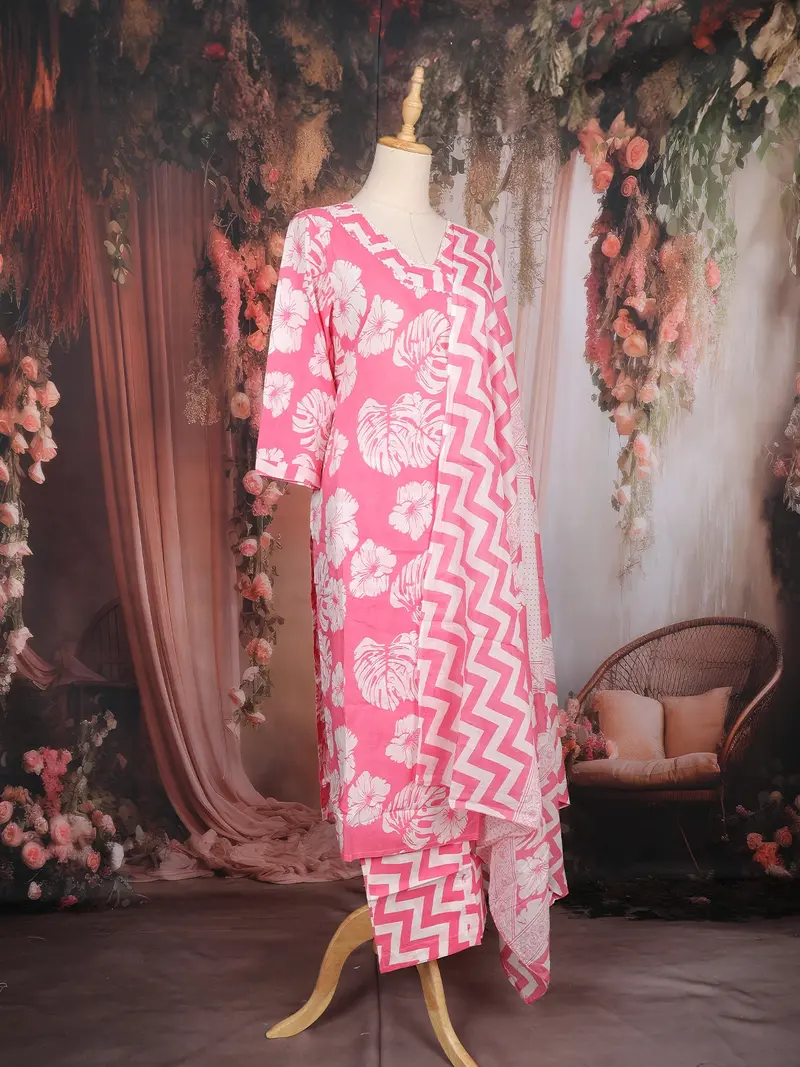 Baby Pink Floral Printed Cotton Salwar Suit With Dupatta 3