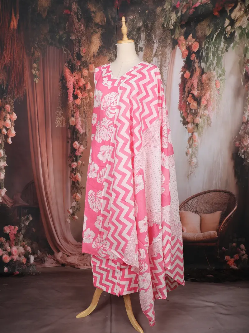 Baby Pink Floral Printed Cotton Salwar Suit With Dupatta 4