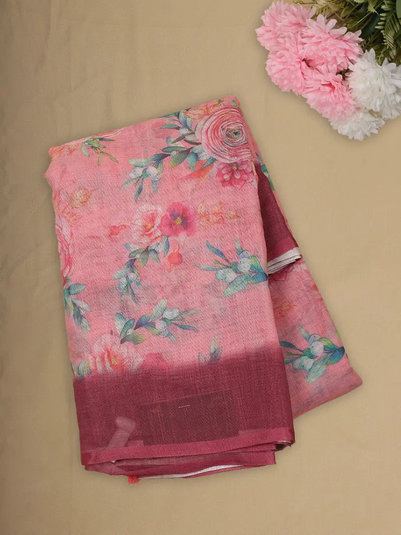 Baby Pink Floral Printed Design Linen Cotton Saree 1