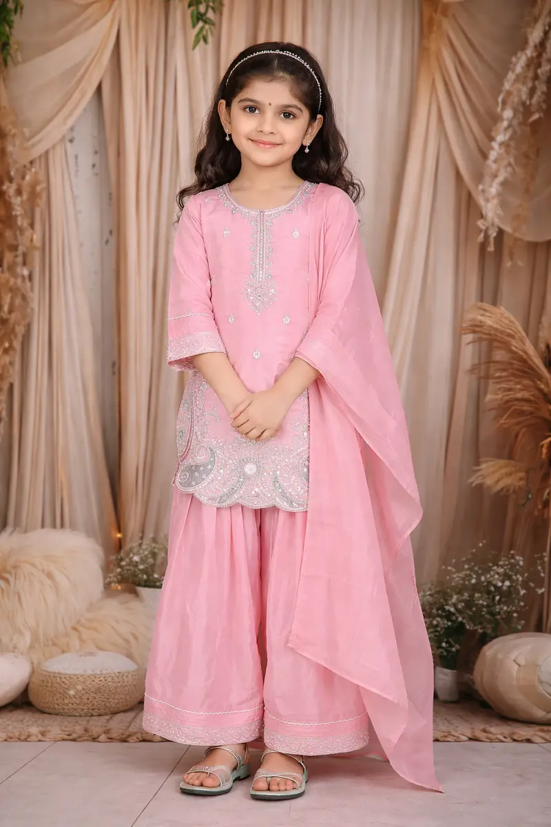Baby Pink Floral Thread And Sequins Embroidered Design Tissue Silk Kids Palazzo Suit 1