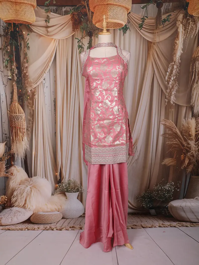 Baby Pink Floral Woven Design Silk Palazzo Suit With Dupatta 1