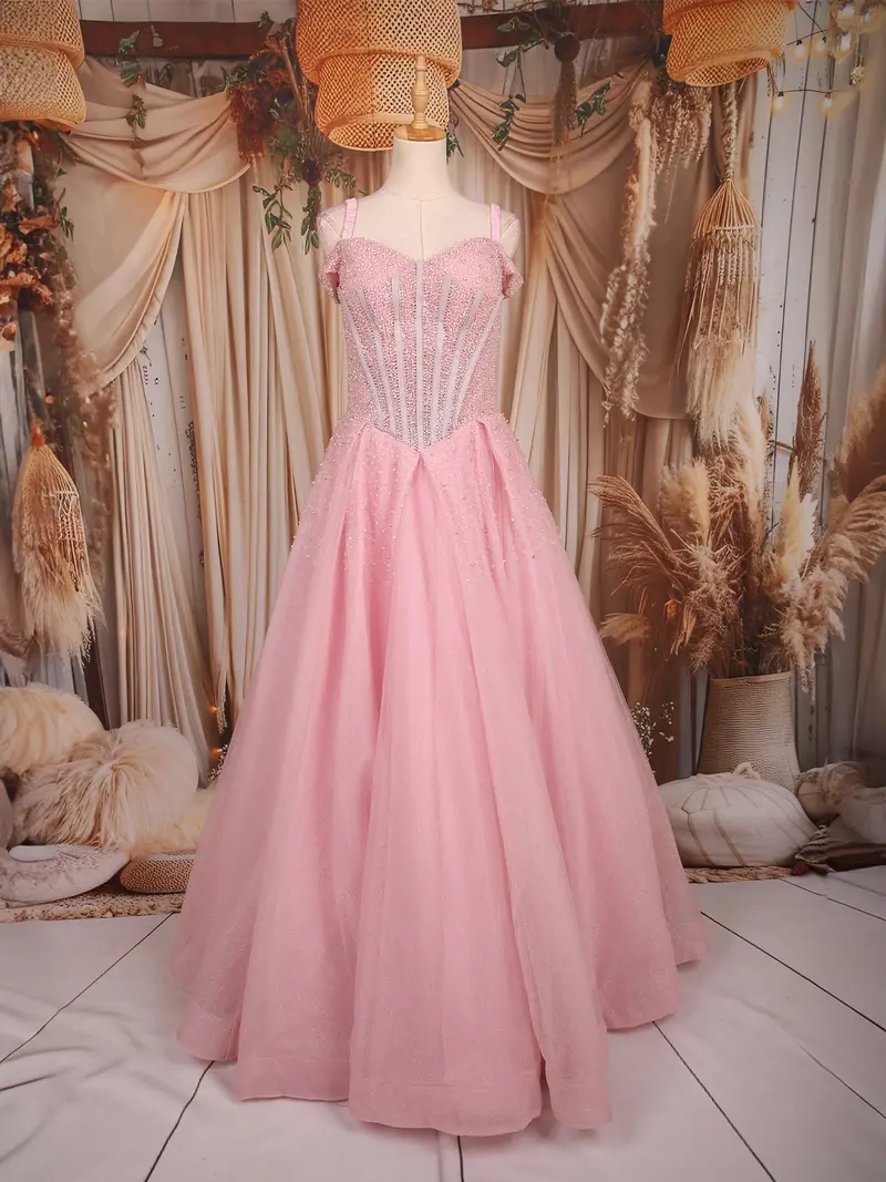 Baby Pink Glitter Embellished Design Net Ball Gown 1