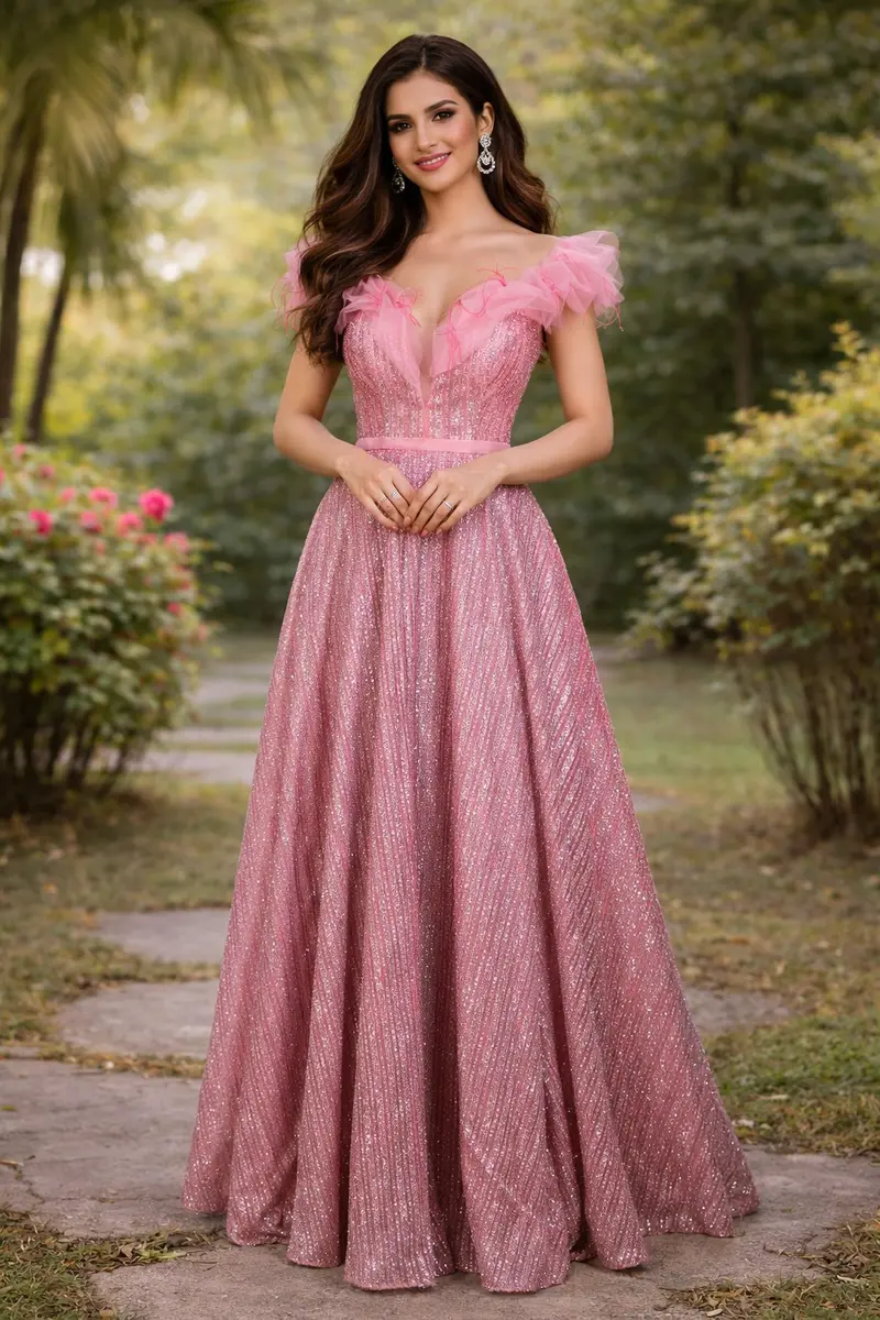 Baby Pink Glitter Worked Net Party Wear Gown 1