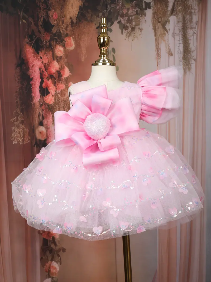 Baby Pink Heart Sequins Design Net Frock With Oversized Bow 1