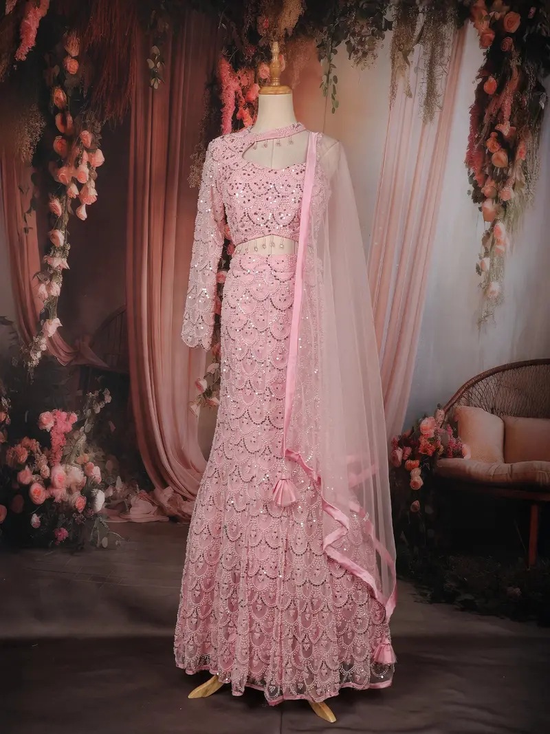 Baby Pink Heavy Sequins And Beads Embroidered Design Mermaid Net Lehenga With Dupatta 1