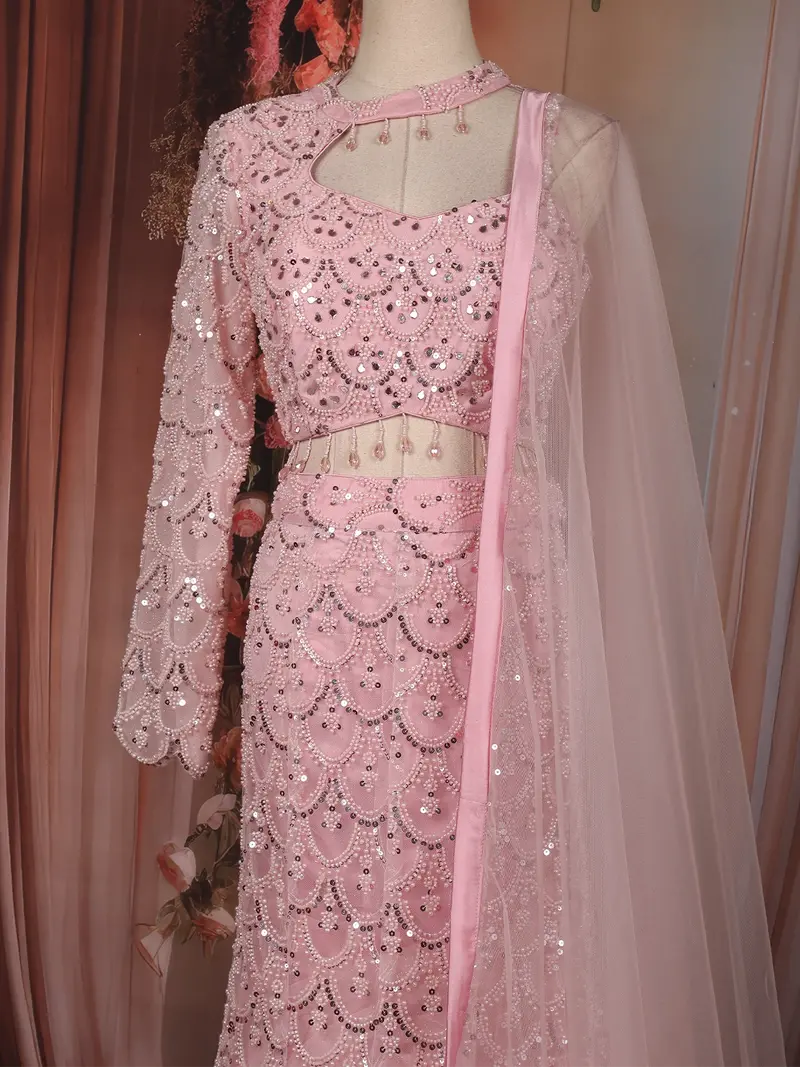 Baby Pink Heavy Sequins And Beads Embroidered Design Mermaid Net Lehenga With Dupatta 2