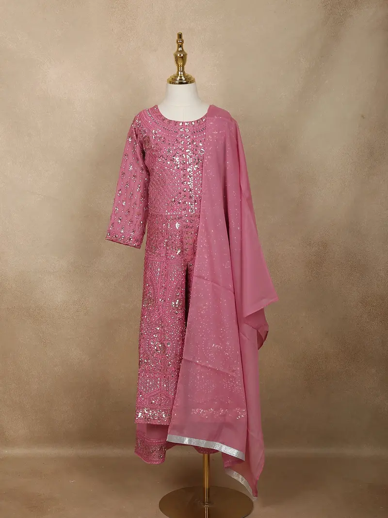 Baby Pink Mirror Embroidered Design Georgette Kids Palazzo Suit 1