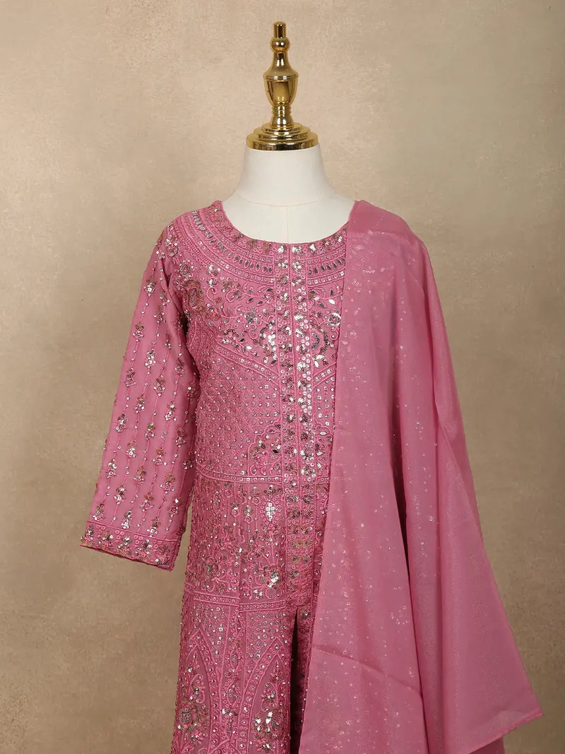 Baby Pink Mirror Embroidered Design Georgette Kids Palazzo Suit 2