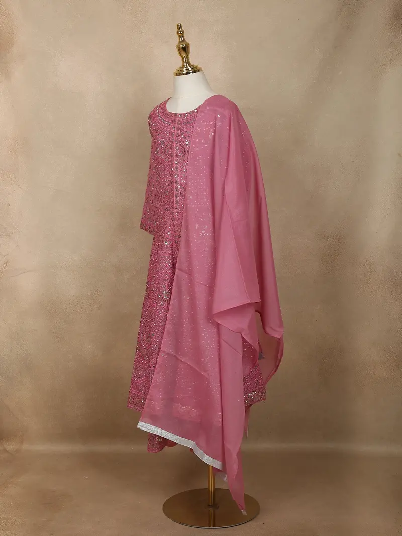 Baby Pink Mirror Embroidered Design Georgette Kids Palazzo Suit 3